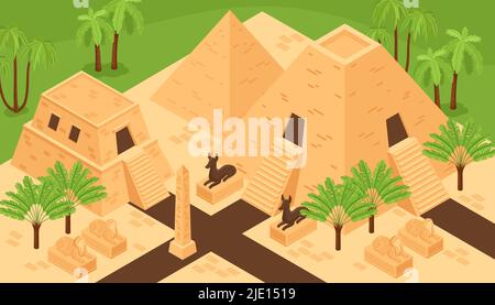 Antico egitto monumenti storici monumenti isometrici sfondo composizione con re valle piramidi dio divinità animali illustrazione vettoriale Illustrazione Vettoriale