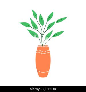 Vaso decorativo per fiori di casa con un motivo a strisce. Pentola con piante verdi. Oggetto di un ambiente interno. Stile e design antichi. Vettore piatto illus Illustrazione Vettoriale