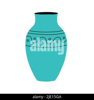 Vaso decorativo per fiori di casa con un motivo a strisce. Pentola blu pianta. Elemento interno di una stanza. Stile e design antichi. Illustrazione del vettore piatto Illustrazione Vettoriale