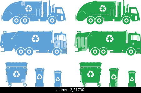 Illustrazione della silhouette di camion rifiuti e dumpster isolati su sfondo bianco Illustrazione Vettoriale