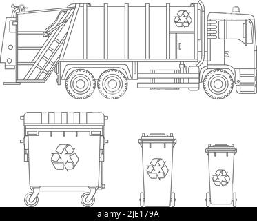 Veicolo per raccolta rifiuti e tre varianti di spazzoloni su sfondo bianco in stile piatto. Illustrazione Vettoriale