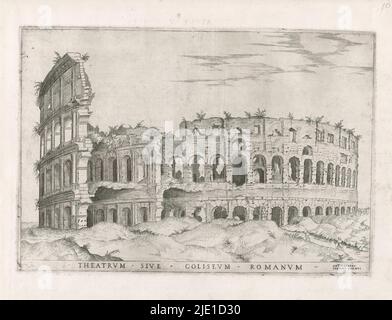 Colosseo, Theatrum sive Coliseum Romanum (titolo sull'oggetto), Speculum Romanae Magnificentiae (titolo della collana), Vista del Colosseo a Roma. In primo piano a destra due figure. Titolo in margine inferiore., tipografo: anonimo, editore: Antonio Lafreri, (menzionato sull'oggetto), tipografo: Italia, Editore: Roma, 1522 - 1577, carta, incisione, altezza 234 mm x larghezza 340 mm Foto Stock