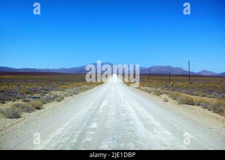 Strada sterrata in altopiano arido e arido nel deserto di Savanna in Sud Africa rurale con copyspace. Terra asciutta, vuota, remota contro il cielo blu. Riscaldamento globale Foto Stock