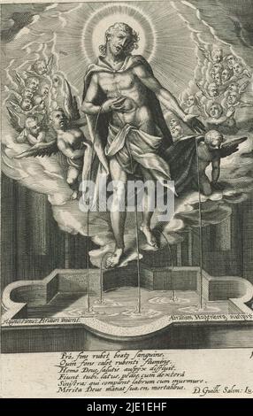 Fons Vitae, Strumenti della Passione (titolo della serie), Cristo in piedi nella fontana, spargendo il suo sangue dalle sue cinque ferite. Dietro di lui nelle nuvole due file di angeli e cherubini., stampatore: Abraham Hogenberg, (menzionato sull'oggetto), dopo disegno di: Augustin Braun, (menzionato sull'oggetto), Guilhelm Salsman, (menzionato sull'oggetto), 1608 - 1658, carta, incisione, altezza 168 mm x larghezza 110 mm Foto Stock