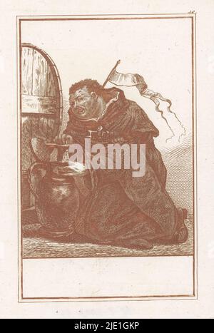 Monk attinge birra da un barile, abusi del clero cattolico (titolo della serie), l'Abregé du Faux Clerge Romain (titolo della serie), un monaco con un pennant sulla sua abitudine, seduto davanti ad un barile grande, da cui attinge birra in una brocca. La stampa fa parte di una serie di 50 volumi che si occupano degli abusi del clero cattolico., tipografo: Jacob Gole, (attribuito a), dopo disegno di: Cornelis Dusart, Amsterdam, 1724, carta, incisione, altezza 225 mm x larghezza 196 mm Foto Stock