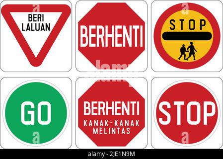 Segnaletica stradale a Brunei, segnaletica obbligatoria, segnaletica prohibitoria, segnali di avvertimento, segnali informativi, Questi sono il segno DI STOP rosso ottagonale, il GIVE triangolare Illustrazione Vettoriale