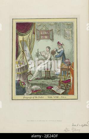 Progresso della toilette: La Wig (titolo sull'oggetto), la toilette: pl. 2: Mettere sulla parrucca, n° 2 da serie di tre stampe che mostrano le diverse fasi della preparazione del gabinetto anno 1810. La signora, in un intimo bianco, con un libro in mano, siede davanti al suo specchio del gabinetto. La sua cameriera si trova dietro di lei tenendo una parrucca. Sulla tabella a sinistra ci sono diversi decanter di cosmetici. Vestiti e un libro di musica sul pavimento. Sulla sedia un cappello a baldacchino. Sul muro una libreria aperta; chiave in porta. La stampa dichiara che il disegno è da un dilettante., creatore di stampa: James Gillray, (menzionato sull'oggetto), a Foto Stock