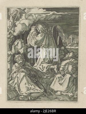 Cristo nel Giardino del Getsemani, la piccola Passione (titolo della serie), Passio Christi AB Alberto Durer Nurenburgensi Effigiata (titolo della serie), Cristo che prega nel Giardino del Getsemani. Un angelo gli appare e gli mostra la croce. In primo piano tre discepoli addormentati. Attraverso il cancello della città sulla destra, arriva il gruppo di soldati. Print fa parte di un album., Print maker: anonymous, dopo la stampa di: Albrecht Dürer, (menzionato sull'oggetto), editore: Broer Jansz. (Den Haag), l'Aia, 1610-1620, carta, incisione, altezza 129 mm x larghezza 98 mm Foto Stock