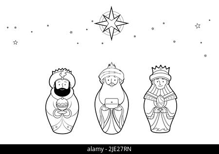 Tre saggi uomini cartoon contorno vettoriale colorare libro pagina per bambini. Epifania o celebrazione della natività. Caspar, Melchior, Balthasar line art. Illustrazione Vettoriale