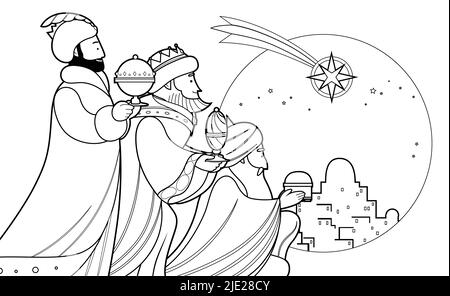 Tre magi, tre re, tre saggi Cartoon contorno vettore illustrazione per colorare pagina libro. Linea ART, natività tracciata a linee o vettore epifania. Illustrazione Vettoriale