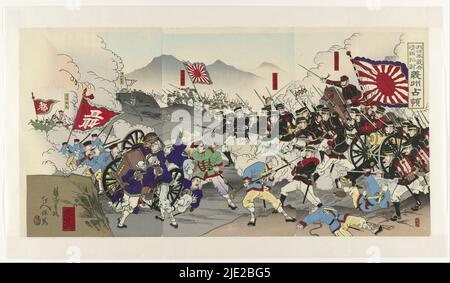 Il grande esercito giapponese sottomette la Cina: Occupazione di Uiju, Dainippon gihei shinkoku seitô: gishû senryô (titolo sull'oggetto), l'esercito giapponese attacca i soldati cinesi nella provincia di Uiju. Uiju si trova nella Corea del Nord, vicino al confine con Manciuria e vicino al fiume Yalu. Questo fiume l'esercito avrebbe attraversato nell'ottobre 1894 per invadere la Cina, durante la prima guerra sino-giapponese (1894-1895)., stampatore: Yôshû Nobuyasu, (menzionato sull'oggetto), editore: Maruya Tetsujirô, (menzionato sull'oggetto), Giappone, 1894, carta, legno a colori, lucidatura, altezza 368 mm x larghezza 726 mm Foto Stock