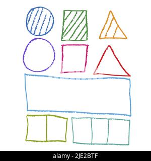 Segni e simboli, triangolo, cerchio, quadrato, rettangolo, disegnato a matita, mano libera, pennello stile scarabocchio, elementi di colori diversi per infografiche Illustrazione Vettoriale