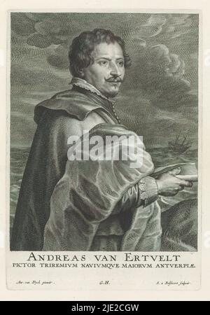 Ritratto del pittore Andries van Eertvelt, Icones Principum Vivorum Doctorum Pictorum Chalcographorum Statuariorum nec non Amatorum Pictoriae Artis Numero Centum ab Antonio van Dyck Pictore ad Vivum Expressae Eiusq: Sumpibus aeri incisae (titolo della serie), Iconographie (titolo della serie), questo album è stampa. Bolswert, (menzionato sull'oggetto), dopo la pittura di: Anthony van Dyck, (menzionato sull'oggetto), editore: Gilles Hendricx, (menzionato sull'oggetto), Anversa, 1630 - 1641 e/o 1645 - 1646, carta, incisione, altezza 250 mm x larghezza 173 mm Foto Stock