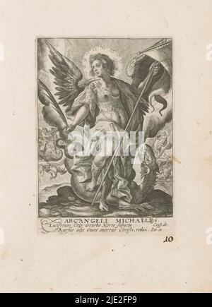 Archangel Michael, Archangeli Michael (titolo su oggetto), Archangels and Other angels (titolo della serie), Deus Pater ex quo Omnia Angeli (titolo della serie su oggetto), Archangel Michael con ramo di palma e banner. Nelle scene di sfondo del Giudizio universale. Numerato in indorsement: 6. Parte di una serie di dodici rappresentazioni di arcangeli e altri angeli in questo album. Parte di un album di rappresentazioni principalmente cristiane., tipografia: Crispijn van de Passe (i), dopo il proprio disegno di: Crispijn van de Passe (i), (menzionato sull'oggetto), editore: Gerard Valck, 1585 - 1637 e/o 1670 - 1726, paper, e Foto Stock