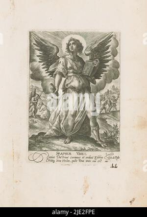 Arcangelo Uriel, Seraphim Uriel (titolo su oggetto), Arcangeli e altri angeli (titolo della serie), Deus Pater ex quo Omnia Angeli (titolo della serie su oggetto), Arcangelo Uriel con libro e fremito o carta arrotolata. A sinistra sullo sfondo, Uriel rimprovera il sacerdote Ezra. Proprio sullo sfondo i due discepoli incontrano Cristo sulla via di Emmaus. Parte di una serie di dodici raffigurazioni di arcangeli e altri angeli in questo album. Parte di un album di raffigurazioni principalmente cristiane., tipografia: Crispijn van de Passe (i), dopo il proprio disegno di: Crispijn van de Passe (i), (m Foto Stock