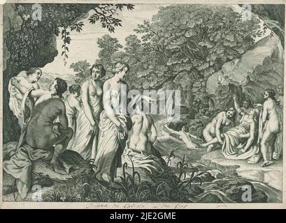 Diana scopre la gravidanza di Callisto, Metamorfosi di Ovidio (titolo della serie), nella sua grotta, Diana punta accusatamente alla sua ninfa Callisto, il cui abbigliamento è tirato da parte da altre ninfe per rivelare la sua gravidanza., creatore di stampa: Theodor Matham, dopo disegno da: Moyses van Wtenbrouck, (attribuito a), Dirck van der Lisse, (attribuito a), c.. 1636 - 1670, carta, incisione Foto Stock