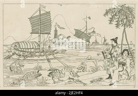 Navi a vela cinesi in una baia e pesce-mangiare acqua gallina, scene di caccia cinese (titolo della serie), Nieuwe geinventeerde Sineesen, Met groote moeyte geteekent en in 't ligt gegeven, porta P: Schenk Jun (...), terza parte (titolo della serie), Paesaggio con una nave a vela con remi in acqua. In primo piano uccelli acquatici che mangiano pesce. A destra due figure sotto una palma. La stampa fa parte di un album., stampatore: Pieter Schenk (II), dopo disegno di: Pieter Schenk (II), editore: Pieter Schenk (II), Amsterdam, 1727 - 1775, carta, incisione, altezza 161 mm x larghezza 255 mm Foto Stock