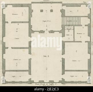 Pianta del secondo piano della Villa Spinola di San Pietro a Genova, Pianta seconda del Palazzo. C. (titolo su oggetto), questa stampa fa parte di un album., creatore di stampa: Nicolaes Ryckmans, editore: Peter Paul Rubens, Spaanse kroon, Antwerp, 1622, carta, incisione, altezza 235 mm x larghezza 252 mm, altezza 583 mm x larghezza 435 mm Foto Stock