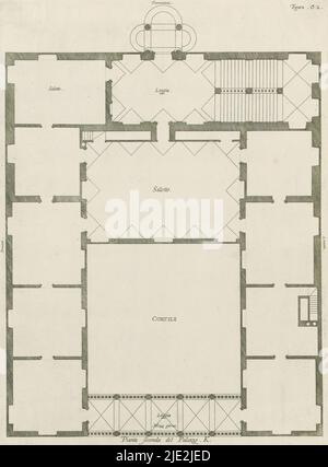 Pianta del secondo piano del Palazzo Lercari-Parodi a Genova, Pianta seconda del Palazzo. K (titolo su oggetto), questa stampa fa parte di un album., Print maker: Nicolaes Ryckmans, editore: Peter Paul Rubens, Spaanse kroon, Antwerp, 1622, paper, incisione, altezza 340 mm x larghezza 251 mm, altezza 583 mm x larghezza 435 mm Foto Stock