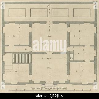 Mappa del primo piano del Palazzo Gambaro di Genova, prima pianta del Palazzo del sigr. Andrea Spinola (titolo su oggetto), questa stampa fa parte di un album., creatore di stampa: Nicolaes Ryckmans, editore: Peter Paul Rubens, Spaanse kroon, Anversa, 1622, carta, incisione, altezza 248 mm x larghezza 265 mm, altezza 583 mm x larghezza 435 mm Foto Stock