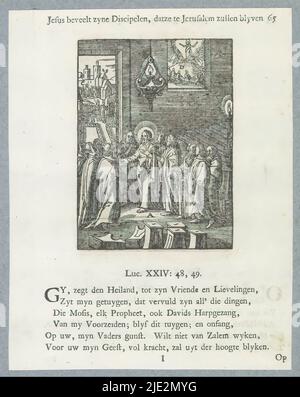 Cristo predice la sua morte e risurrezione, Cristo dice ai suoi discepoli di rimanere a Gerusalemme, Gesù comanda ai suoi discepoli di rimanere a Gerusalemme (titolo sull'oggetto), Cristo racconta ai suoi discepoli la sua morte e risurrezione. A sinistra sullo sfondo, Cristo si mostra dopo la sua risurrezione. A destra, attraverso la finestra, si vede l'ascensione di Cristo al cielo. La scena è usata qui come una rappresentazione di Cristo che dice ai suoi discepoli di rimanere a Gerusalemme dopo la sua risurrezione. Ci sono lettere vicino a vari elementi della rappresentazione. Sopra l'immagine è presente un titolo. Sotto sono sei ve Foto Stock