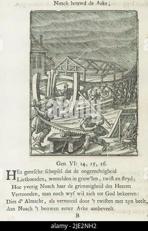 Costruzione dell'arca di Noè, Noè costruisce l'arca (titolo sull'oggetto), Noè e i suoi figli costruiscono l'arca. Con un titolo sopra l'immagine. Di seguito, sei versi e un riferimento alla Genesi 6: 14-16. La stampa fa parte di un album., stampatore: Christoffel van Sichem (II), (menzionato sull'oggetto), stampatore: Christoffel van Sichem (III), (menzionato sull'oggetto), dopo la stampa di: Johann Sadeler (i), Amsterdam, c. 1645 - 1646 e/o 1740, carta, stampa tipografica, altezza 109 mm x larghezza 81 mm, altezza 170 mm x larghezza 126 mm Foto Stock