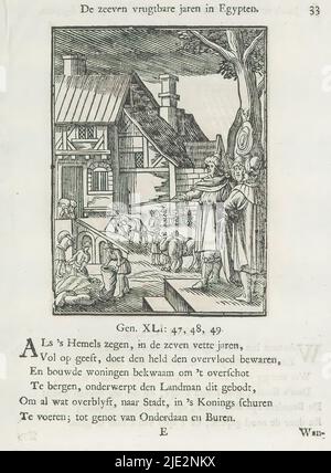 Sette anni di abbondanza, i sette anni fecondi in Egitto (titolo sull'oggetto), durante i sette anni di abbondanza, la terra potrebbe essere raccolta in abbondanza. Tutto il grano che l'Egitto ha prodotto in quei sette anni è stato raccolto e immagazzinato nelle città. Sopra la rappresentazione un titolo. Sotto di esso sei versi e un riferimento alla Genesi 41: 47-49. La stampa fa parte di un album., stampatore: Christoffel van Sichem (II), (menzionato sull'oggetto), stampatore: Christoffel van Sichem (III), (menzionato sull'oggetto), editore: Jan Klooster, Amsterdam, 1645 - 1646 e/o 1740, carta, stampa della tipografia, hei Foto Stock