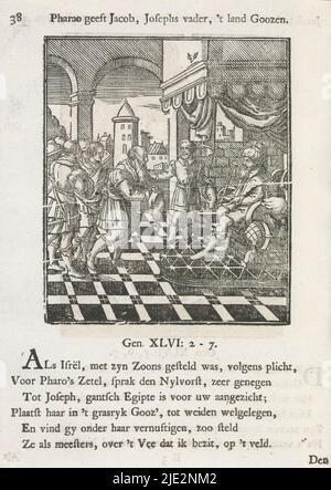 Giacobbe viene presentato da Giuseppe al Faraone, il Faraone dà Giacobbe, il padre di Giuseppe, 't terra Goozen (titolo su oggetto), Giacobbe presenta suo padre Giuseppe al Faraone, seduto su un trono sotto un baldacchino. A sinistra ci sono cinque fratelli di Giacobbe. Il faraone dà il permesso di vivere a Goshen. Sopra la scena un titolo. Di seguito, sei versi e un riferimento alla Genesi 46: 2-7 (intesa come Genesi 47: 2-7). La stampa fa parte di un album., stampatore: Christoffel van Sichem (II), (menzionato sull'oggetto), stampatore: Christoffel van Sichem (III), (menzionato sull'oggetto), editore: Jan Klooster, Amsterdam, 1645 - 1646 A. Foto Stock