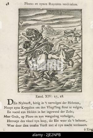 Distruzione dell'esercito egiziano nel Mar Rosso, il faraone e il suo ruyteren annegati (titolo sull'oggetto), dopo che gli Israeliti hanno raggiunto l'altro lato del Mar Rosso, le acque del Mar Rosso si sono recedite, annegando il faraone e il suo esercito. Sopra la scena un titolo. Di seguito, sei versi e un riferimento all'Esodo 14: 21-22. La stampa fa parte di un album., stampatore: Christoffel van Sichem (II), (menzionato sull'oggetto), stampatore: Christoffel van Sichem (III), (menzionato sull'oggetto), editore: Jan Klooster, Amsterdam, 1645 - 1646 e/o 1740, carta, stampatrice di lettere, altezza 107 mm x larghezza 82 mm, HE Foto Stock