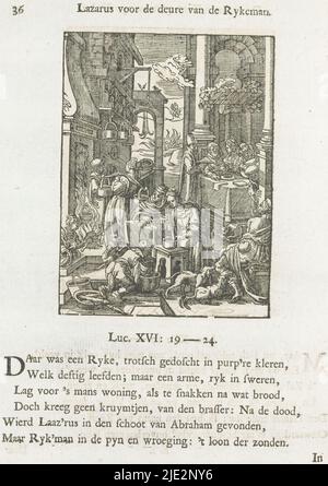 Parabola del ricco e del povero Lazzaro, Lazzaro davanti alla porta del rike (titolo sull'oggetto), il ricco è servito generosamente. In cucina viene preparata una sontuosa festa. Nel centro è una tavola dove è preparato il pollame. Di fronte alla casa, il povero Lazzaro, mendicante, sta morendo di fame. Due cani gli leccano le ferite. Sullo sfondo, il ricco si mostra andare nei fuochi dell'inferno, e Lazzaro è preso in cielo. Sopra la scena c'è un titolo. Di seguito sono riportati sei versi e un riferimento a Luca 16: 19-24. La stampa fa parte di un album., stampatore: Christoffel van SIC Foto Stock