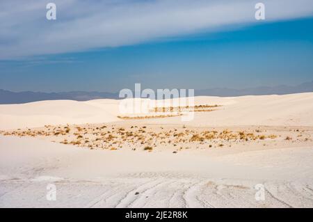 Bel colore e luci di White Sands National Parks sotto un bel cielo blu, New Mexico, sfondo utile Foto Stock