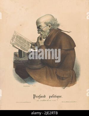 Uomo che legge un giornale, Profond politique. où veulent-ils en venir? (Titolo su oggetto), dietro un tavolo siede un balding uomo con una coda sottile sul collo e il cappello sul grembo. Nella sua mano destra ha un numero di "Journal des débats". Ha uno sguardo accigliato e con la mano sinistra tocca la bocca., stampatore: Charles-Joseph Traviès, (menzionato sull'oggetto), stampatore: Victor Ratier, (menzionato sull'oggetto), editore: Sconosciuto, (Citato sull'oggetto), Parigi, 1829 - 1830, carta, altezza 358 mm x larghezza 266 mm Foto Stock