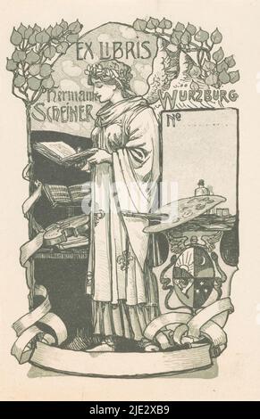 Ex libris di Hermann Scheiner, Muse con le ali e un libro in mano. Accanto a lei un violino, spartiti musicali e una tavolozza di un pittore. Sotto destra, uno stemma., tipografo: anonimo, c. 1920, carta, altezza 138 mm x larghezza 84 mm Foto Stock