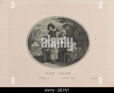 I bambini intorno ad una scatola di osservazione, lo spettacolo (titolo sull'oggetto), in una piazza del villaggio, un uomo si alza con una scatola di osservazione. In piedi su un aumento, un bambino guarda attraverso un buco nella scatola. Accanto a lui c'è una donna. Altri quattro bambini attendono il loro turno. Numerato in basso a destra: no 1018., tipografo: Pietro Bonato, (citato in oggetto), dopo disegno di: Francis Wheatley, (citato in oggetto), Italia, 1775 - 1820, carta, incisione, incisione, altezza 208 mm x larghezza 258 mm Foto Stock