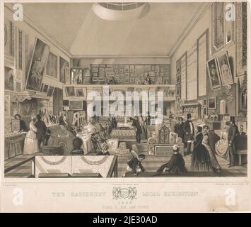 Interno del Tribunale durante la Salisbury Local Exhibition, 1852, la Salisbury Local Exhibition 1852. Targa II, Tribunale (titolo sull'oggetto), interno con uomini, donne e bambini che guardano i prodotti in mostra. Sullo sfondo sotto una balaustra è lo stand del libraio George Brown, anche l'editore di questa stampa. Sotto lo stemma di Salisbury., stampatore: John Brandard, (menzionato sull'oggetto), dopo disegno di: Walter Francis Tiffin, (menzionato sull'oggetto), stampatore: M. & N. Hanhart, (menzionato sull'oggetto), stampatore: Londra, editore: Salisbury, 1852, carta, altezza 331 m. Foto Stock