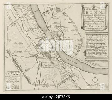 Assedio di Bonn, Platte Ground di Bonn, assediato dai tedeschi e dagli alleati il 5th maggio 1703; e ceduto per accordo il 16th, dai francesi (titolo sull'oggetto), Les principales Fortes & Villes Fortes, d'Espagne, de France, d'Italie, de Savoië, d'Allemagne & des Pais-Bas (. ..) / Naaukeurige afbeeldingen der Voornaam Sterke Steden en en Vestingen in Spanjen, Vrankryk, Italien, Savoyen, Duytsland en Nederlanden (...) (Titolo della serie), assedio della città tedesca di Bonn da parte degli Alleati dal maggio 5 in poi e cattura dopo la resa da parte dei francesi il 15 maggio (o 16) 1703. Mappa Sho Foto Stock