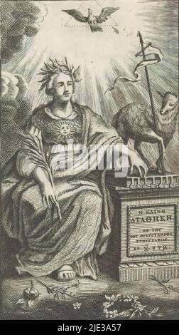 Fede accanto all'altare con agnello su libro con i sette sigilli, pagina del titolo per: Johannes Leusden, He Kaine Diatheke. Novum Testamentum, 1740, la personificazione della fede con corona di alloro, ramo di palma e sole sul petto si trova accanto ad un altare con titolo di libro greco. Sull'altare l'agnello con bandiera sul libro dei sette sigilli. Nel cielo una colomba in triangolo e alone che simboleggia lo spirito santo., creatore di stampa: anonimo, editore: Jacobus Wettein, editore: Gabriel Smith, Amsterdam, 1740, carta, incisione, incisione, altezza 134 mm x larghezza 72 mm Foto Stock