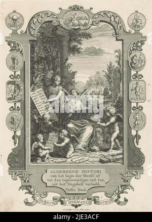 Cartouche con allegoria sulla storia dei Greci, Title page for: Kornelis Westerbaen, Algemeene hori, 1740, Storia in conversazione con una donna, che punta a un foglio di carta che mostra tutti i tipi di città greche. Sullo sfondo Enea salvando suo padre Anchises da Troia bruciante. Nell'ambito delle medaglioni cartouche con divinità dell'Olimpo., tipografia: Jan Caspar Philips, (menzionato sull'oggetto), dopo disegno proprio di: Jan Caspar Philips, (menzionato sull'oggetto), editore: Hermanus Besseling, (menzionato sull'oggetto), Utrecht, 1740, carta, incisione, incisione, altezza 170 mm x larghezza 1 Foto Stock