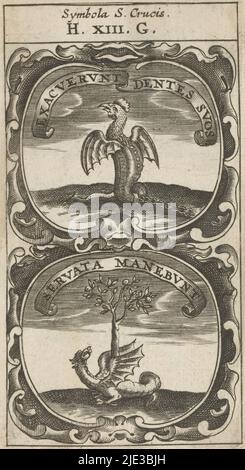 Basilisk a catena / Drago sotto un albero di frutta, Exacuerunt Dentes Suos / Servata Manebunt (titolo sull'oggetto), Symbola Divina et Humana Pontificum Imperatorum Regum (titolo della serie), un emblema con due rappresentazioni. Sopra un basilisk con una testa di un gallo, ali di un drago e coda di un serpente. È incatenato. Sotto, un drago guarda la frutta in un albero., tipografia: anonimo, dopo la stampa da: Aegidius Sadeler (II), 1666, carta, incisione, stampa di tipografia, altezza 121 mm x larghezza 66 mm Foto Stock