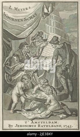 Uomini che studiano le carte, Title page per: Lodewijk Meijer, Words Treasure, 1745, tre uomini intorno ad una tabella studiano un libro e le carte. In primo piano, tre putti giocano un gioco con lettere. Sullo sfondo la torre di Babel., tipografia: anonymous, editore: J. Ratelband, (menzionato su oggetto), Amsterdam, 1745, carta, incisione, incisione, incisione, altezza 135 mm x larghezza 84 mm Foto Stock