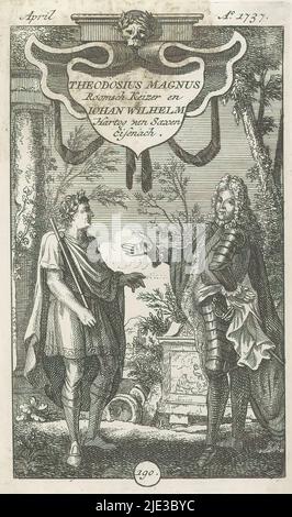 Conversazione tra l'imperatore Teodosio i e Johan Guglielmo, duca di Sassonia-Eisenach, l'imperatore romano Teodosio Magnus e Iohan Guglielmo Hartog di Sassonia Eisenach (titolo sull'oggetto), l'imperatore Teodosio i e il duca Johan Guglielmo in armatura si affrontano a vicenda. Sullo sfondo un paesaggio rovinato. Dichiarato in alto: Aprile / Ao 1737., creatore di stampa: anonimo, editore: Erven J. Ratelband, Amsterdam, Apr-1737, carta, incisione, altezza 134 mm x larghezza 79 mm Foto Stock