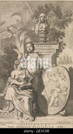 La verità mostra uno scrittore la nascita di Venere, Title page per: Opuscola mitologica fisica et ethica, 1688, la personificazione della verità mostra un medaglione ovale a una donna che scrive in un libro. Nel medaglione una rappresentazione della nascita di Venere. Dietro di loro un piedistallo con il titolo del libro. Sul piedistallo il busto di Diana di Efeso. Sullo sfondo, Diana corre attraverso il cielo sul suo carro di trionfo, seguito da Apollo., tipografo: Gilliam van der Gouwen, (menzionato sull'oggetto), dopo disegno di: Gerard de Lairesse, (menzionato sull'oggetto), editore: Henricus Wettein, (menzionato su o Foto Stock