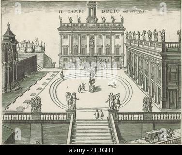Campidoglio a Roma, il Campidoglio nell ano 1618 (titolo in oggetto), veduta del Campidoglio con Piazza del Campidoglio e i palazzi che contengono i Musei Capitolini. Al centro, la statua equestre di Marco Aurelio. La stampa fa parte di un album., tipografo: Giacomo Lauro, (possibilmente), Italia, 1584 - 1637, carta, incisione, altezza 179 mm x larghezza 225 mm Foto Stock