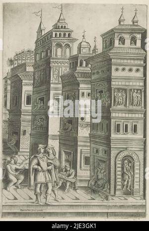 Edifici sull'antico Campidoglio di Roma, vera Antiqui Capitolii Descripio, Speculum Romanae Magnificentiae (titolo della serie), vista perspectivale degli edifici sull'antico Campidoglio di Roma. All'interno e di fronte agli edifici sono presenti varie figure. In primo piano a sinistra ci sono Amor e due uomini. La stampa fa parte di un album., tipografo: anonymous, editore: Hendrick van Schoel, editore: Claude Duchet, (rejected attribuzione), tipografo: Italia, editore: Roma, Editore: Roma, editore: Roma, 1595 - 1622, carta, incisione, altezza 425 mm x larghezza 291 mm Foto Stock