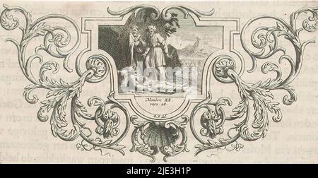 Morte di Aaronne, Mosè ed Eleazer stanno accanto all'Aaronne morente. Eleazer ha donato le vesti sacerdotali di Aaron, come succederà a suo padre. Al centro in basso un riferimento al testo della Bibbia in Num. 20:28. La scena è incorniciata in una cornice ornamentale., tipografia: anonimo, dopo disegno di: Bernard Picart, (menzionato sull'oggetto), Amsterdam, 1683 - 1733, carta, incisione, incisione, stampa su carta intestata, altezza 85 mm x larghezza 165 mm Foto Stock