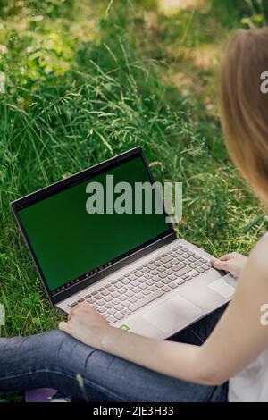 la ragazza si siede sull'erba e lavora a un portatile. freelance. l'altruismo. il concetto di apprendimento a distanza all'aperto Foto Stock