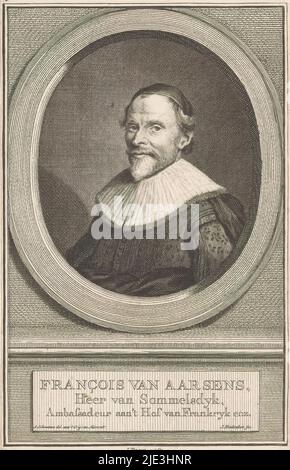 Ritratto di Francesco d'Aerssen, Ritratto di Francesco d'Aerssen in una cornice ovale. In una cornice il suo nome e titoli., tipografo: Jacob Houbraken, (menzionato sull'oggetto), dopo disegno di: Aert Schouman, (menzionato sull'oggetto), dopo pittura di: Michiel Jansz van Mierevelt, (menzionato sull'oggetto), Amsterdam, 1727 - 1765, carta, incisione, altezza 199 mm x larghezza 115 mm Foto Stock