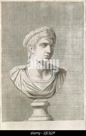 Busto di un giovane con corona di alloro, a destra, la stampa fa parte di un album contenente una serie di stampe dopo sculture nella collezione di Gerard Reynst., tipografia: Hubert Quellinus, tipografia: Gerard de Lairesse, (rejected attribuzione), Anversa, 1646 - 1670, carta, incisione, altezza 330 mm x larghezza 198 mm Foto Stock