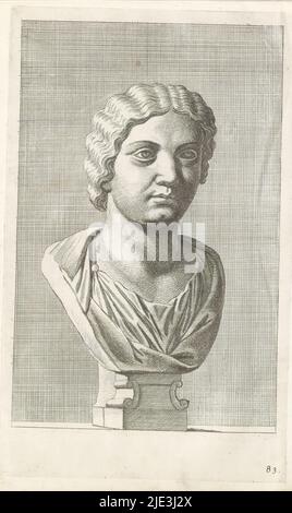 Busto di donna con capelli semilunghi ondulati, la stampa fa parte di un album contenente una serie di stampe dopo sculture nella collezione di Gerard Reynst, tipografia: Hubert Quellinus, tipografia: Gerard de Lairesse, (rejected attribuzione), Anversa, 1646 - 1670, carta, incisione, altezza 325 mm x larghezza 199 mm Foto Stock