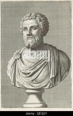 Busto di uomo in toga, rivolto a sinistra, la stampa fa parte di un album contenente una serie di stampe dopo sculture nella collezione di Gerard Reynst., tipografia: Hubert Quellinus, tipografia: Gerard de Lairesse, (rejected attribuzione), Anversa, 1646 - 1670, carta, incisione, altezza 324 mm x larghezza 194 mm Foto Stock